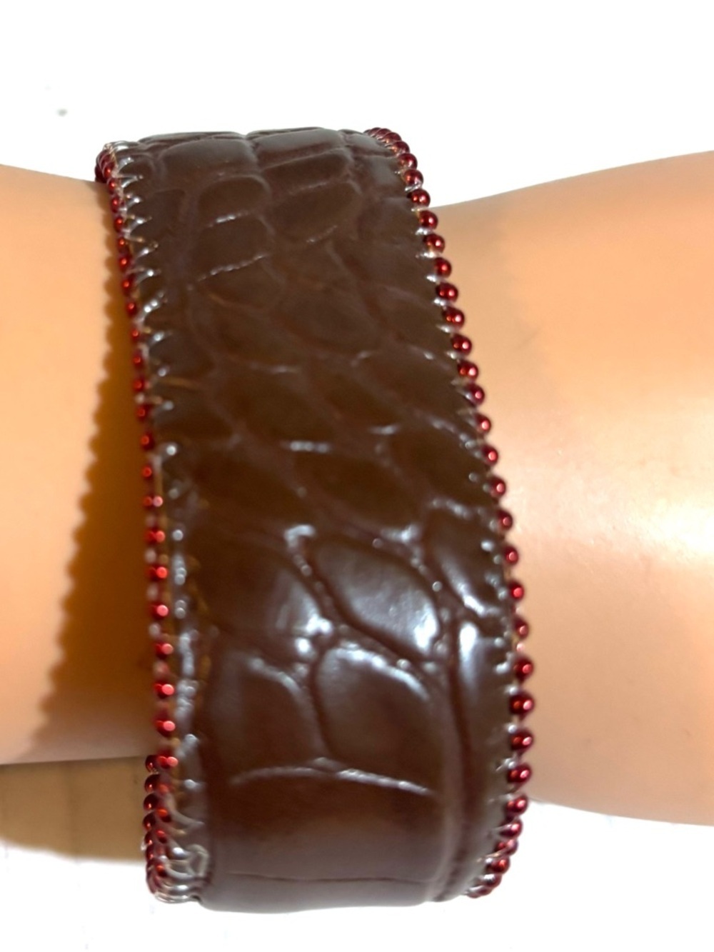 Wide Brown Croc-Embossed Leather Bracelet with Red Beaded Trim